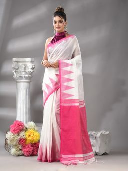 Angoshobha - White Temple Border Cotton Blended Handloom Saree with Unstitched Blouse