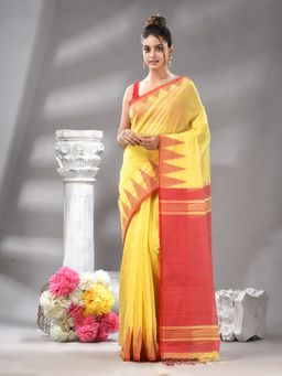 Angoshobha - Yellow Temple Border Cotton Blended Handloom Saree with Unstitched Blouse