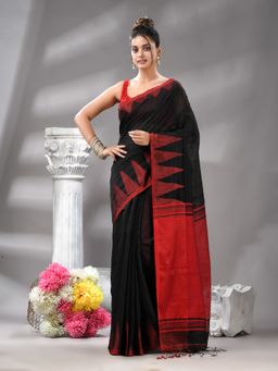 Angoshobha - Black Temple Border Cotton Blended Handloom Saree with Unstitched Blouse