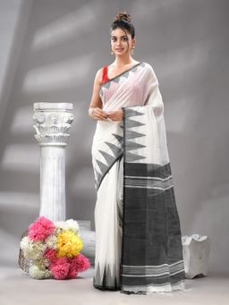 Angoshobha - White Temple Border Cotton Blended Handloom Saree with Unstitched Blouse