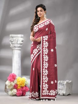 Angoshobha - Bangal Aplick Magenta Saree with Unstitched Blouse