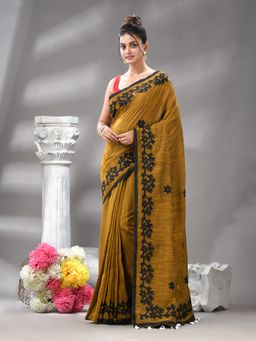 Angoshobha - Bangal Aplick Yellow Saree with Unstitched Blouse