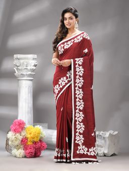 Angoshobha - Bangal Aplick Maroon Saree with Unstitched Blouse