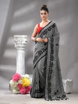 Angoshobha - Bangal Aplick Grey Saree with Unstitched Blouse