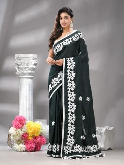 Angoshobha - Bangal Aplick Hunter Green Saree with Unstitched Blouse