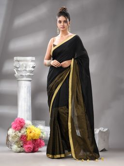 Angoshobha - Black Cotton Blend Handloom Saree with Unstitched Blouse