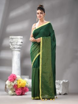 Angoshobha - Green Cotton Blend Handloom Saree with Unstitched Blouse