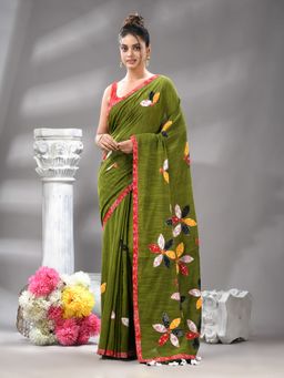 Angoshobha - Bangal Aplick Forest Green Saree with Unstitched Blouse