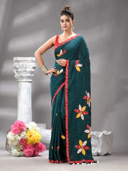 Angoshobha - Bangal Aplick Turquoise Saree with Unstitched Blouse