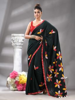 Angoshobha - Bangal Aplick Teal Saree with Unstitched Blouse