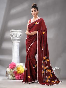 Angoshobha - Bangal Aplick Maroon Saree with Unstitched Blouse