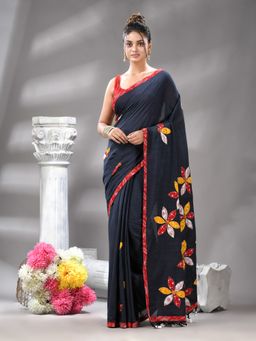 Angoshobha - Bangal Aplick Slate Saree with Unstitched Blouse
