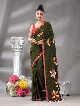 Angoshobha - Bangal Aplick Pista Green Saree with Unstitched Blouse