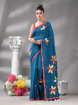 Angoshobha - Bangal Aplick Aqua Lake Saree with Unstitched Blouse