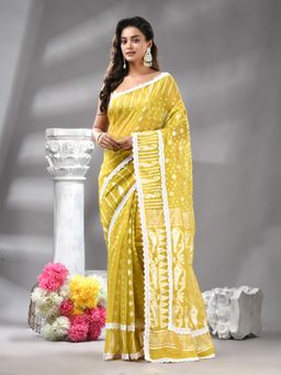 Angoshobha - Chartreuse Cotton Bland Print Handloom Saree Without Blouse Without Blouse