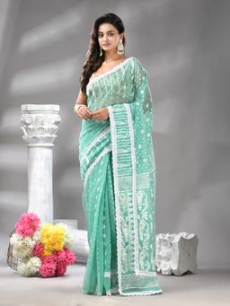 Angoshobha - Firoza Cotton Bland Print Handloom Saree Without Blouse Without Blouse