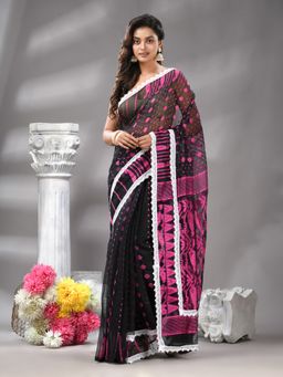 Angoshobha - Black Cotton Bland Print Handloom Saree Without Blouse Without Blouse