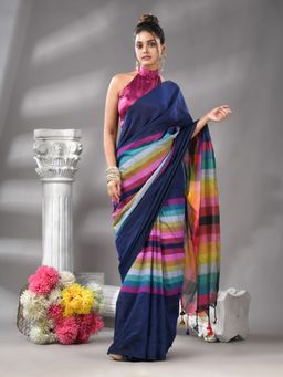 Angoshobha - Blue Cotton Blend Multi Colour Pallu Handloom Saree with Unstitched Blouse