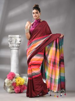 Angoshobha - Maroon Cotton Blend Multi Colour Pallu Handloom Saree with Unstitched Blouse