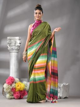 Angoshobha - Pista Cotton Blend Multi Colour Pallu Handloom Saree with Unstitched Blouse