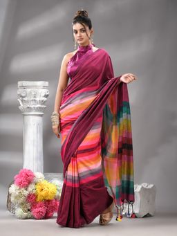 Angoshobha - Magenta Cotton Blend Multi Colour Pallu Handloom Saree with Unstitched Blouse