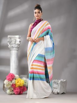 Angoshobha - White Cotton Blend Multi Colour Pallu Handloom Saree with Unstitched Blouse