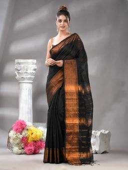 Angoshobha - Black Cotton Blend Jacquard Border Handloom Saree with Unstitched Blouse