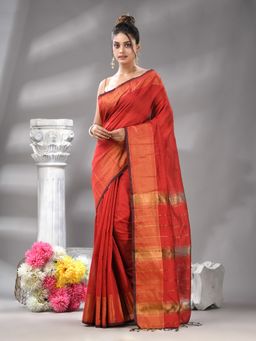 Angoshobha - Red Cotton Blend Jacquard Border Handloom Saree with Unstitched Blouse