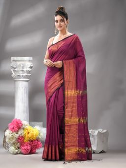 Angoshobha - Magenta Cotton Blend Jacquard Border Handloom Saree with Unstitched Blouse