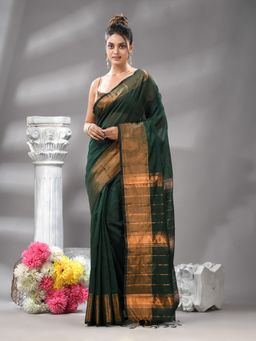 Angoshobha - Bottle Green Cotton Blend Jacquard Border Handloom Saree with Unstitched Blouse