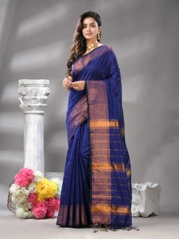 Angoshobha - Blue Cotton Blend Jacquard Border Handloom Saree with Unstitched Blouse