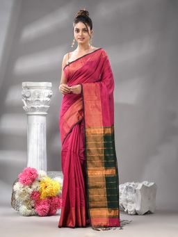 Angoshobha - Rani Cotton Blend Jacquard Border Handloom Saree with Unstitched Blouse