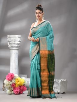 Angoshobha - Firoza Cotton Blend Jacquard Border Handloom Saree with Unstitched Blouse