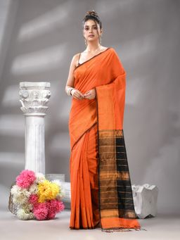 Angoshobha - Orange Cotton Blend Jacquard Border Handloom Saree with Unstitched Blouse