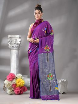 Angoshobha - Purple Cotton Bland Print Handloom Saree with Unstitched Blouse