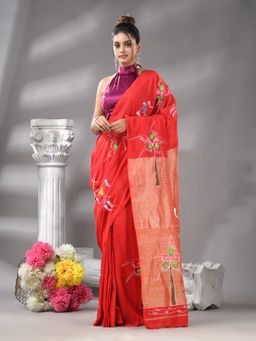 Angoshobha - Red Cotton Bland Print Handloom Saree with Unstitched Blouse