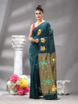 Angoshobha - Rama Green Cotton Bland Print Handloom Saree with Unstitched Blouse