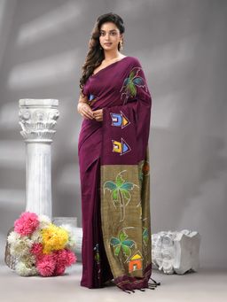 Angoshobha - Magenta Cotton Bland Print Handloom Saree with Unstitched Blouse