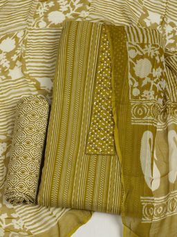 MEENA BAZAAR - Embroidered Cotton Olive Unstitched Kurta with Unstitched Pant and Dupatta