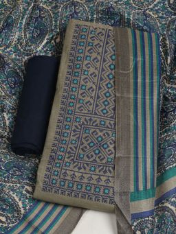 MEENA BAZAAR - Embroidered Chanderi Grey Unstitched Kurta with Unstitched Pant and Dupatta
