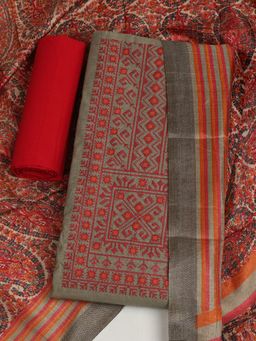 MEENA BAZAAR - Women Embroidered Chanderi Grey Unstitched Kurta with Unstitched Pant and Dupatta