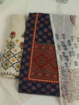 MEENA BAZAAR - Floral Printed Cotton Navy Blue Unstitched Kurta with Unstitched Pant and Dupatta