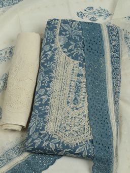 MEENA BAZAAR - Embroidered Cotton Women Blue Unstitched Kurta with Unstitched Pant and Dupatta