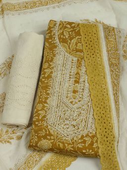 MEENA BAZAAR - Embroidered Women Cotton Mustard Unstitched Kurta with Unstitched Pant and Dupatta