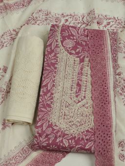 MEENA BAZAAR - Women Embroidered Pink Cotton Unstitched Kurta with Unstitched Pant and Dupatta