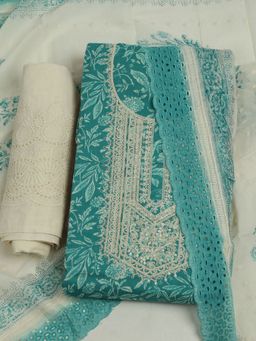 MEENA BAZAAR - Embroidered Cotton Teal Unstitched Kurta with Unstitched Pant and Dupatta