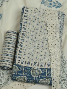 MEENA BAZAAR - Embroidered Cotton Women's Blue Unstitched Kurta with Unstitched Pant and Dupatta