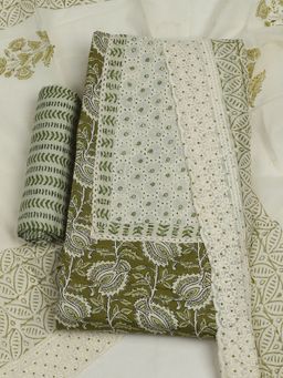 MEENA BAZAAR - Women Embroidered Cotton Green Unstitched Kurta with Unstitched Pant and Dupatta