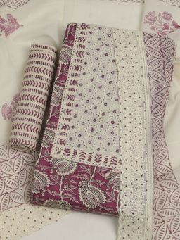 MEENA BAZAAR - Women's Embroidered Pink Cotton Unstitched Kurta with Unstitched Pant and Dupatta