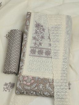 MEENA BAZAAR - Embroidered Grey Cotton Unstitched Kurta with Unstitched Pant and Dupatta